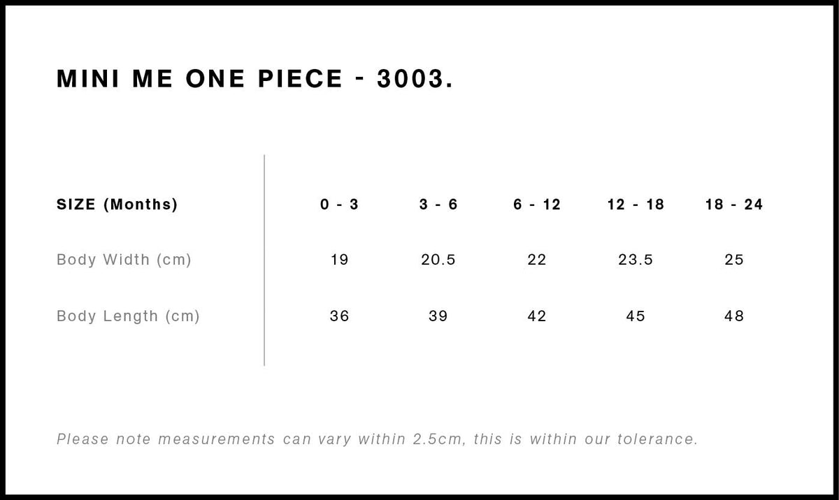 Organic Infant Mini-Me One-Piece 3003 - Size guide
