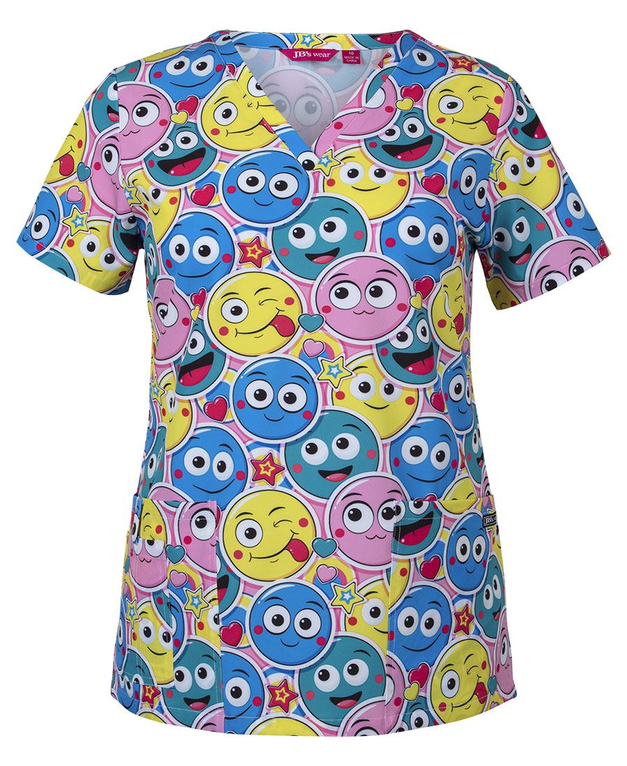 JB's Ladies Scrub Top Printed - Smiley - Front