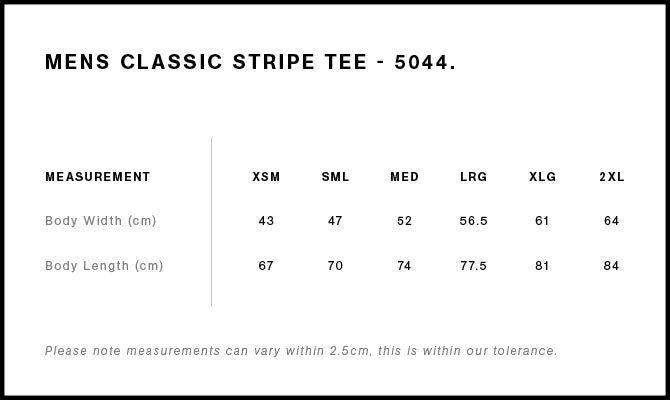 Classic Stripe Tee 5044 - Size guide