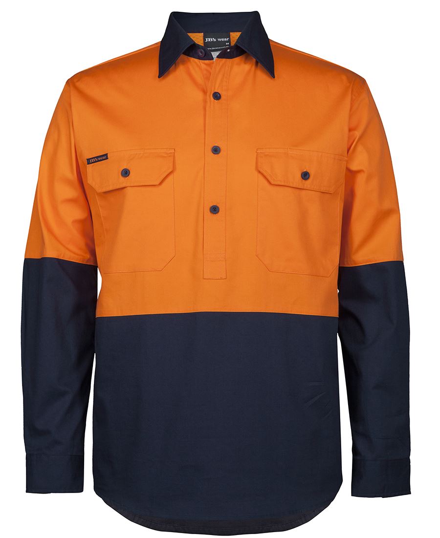 JB's Hi Vis Close Front L/S 150g Work Shirt - Orange/Navy - Front