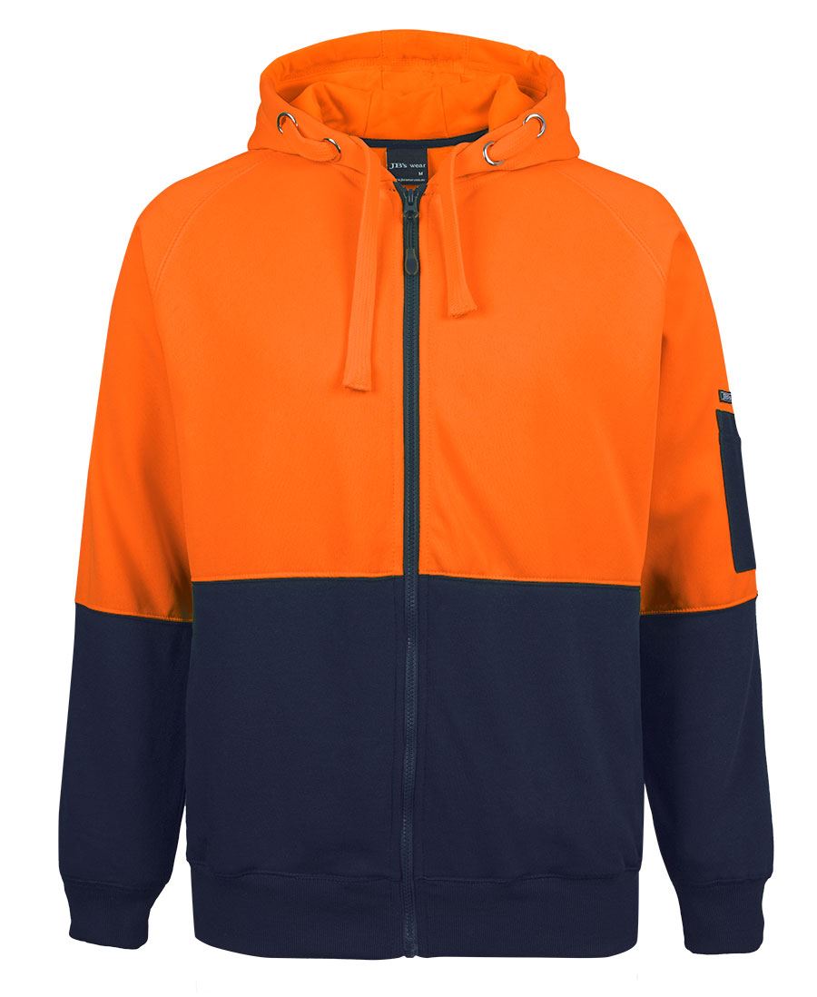 JB's Hi Vis Full Zip Fleecy Hoodie - Orange/Navy - Front
