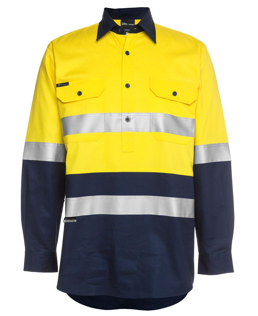 JB's Hi Vis (D+N) Close Front L/S 190g Work Shirt - Yellow/Navy - Front