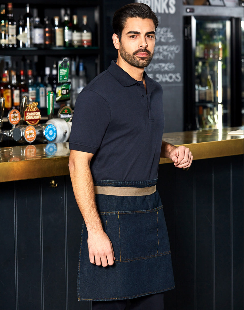 East Village Half Denim Apron - Indigo Blue - Model