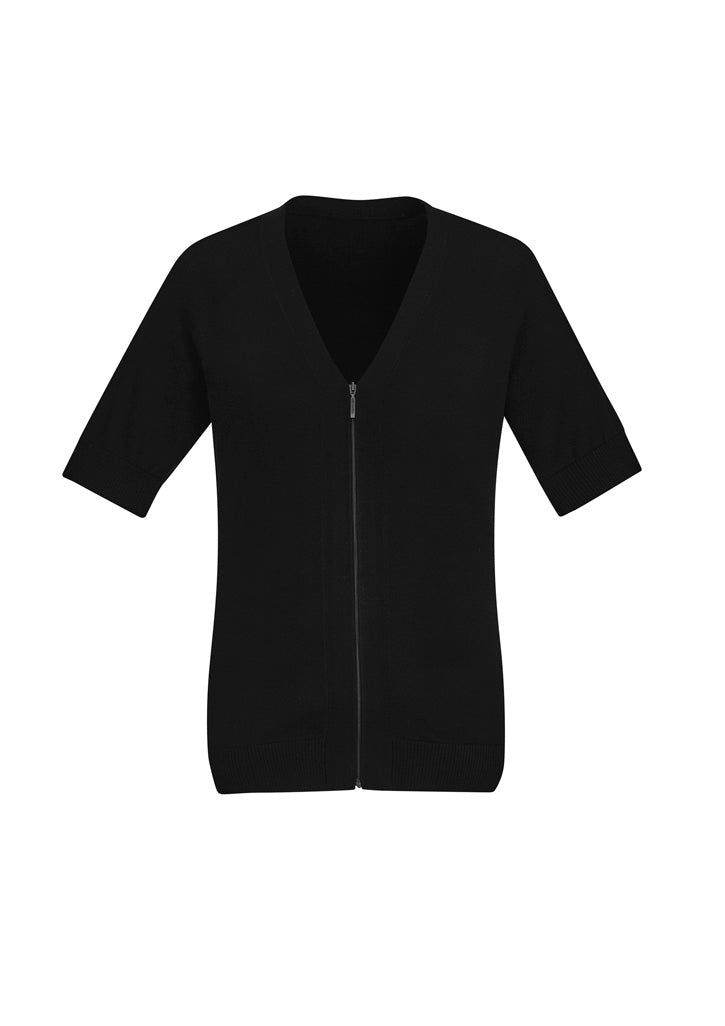 Zip Front Womens Short Sleeve Knit Cardigan - Black - Front