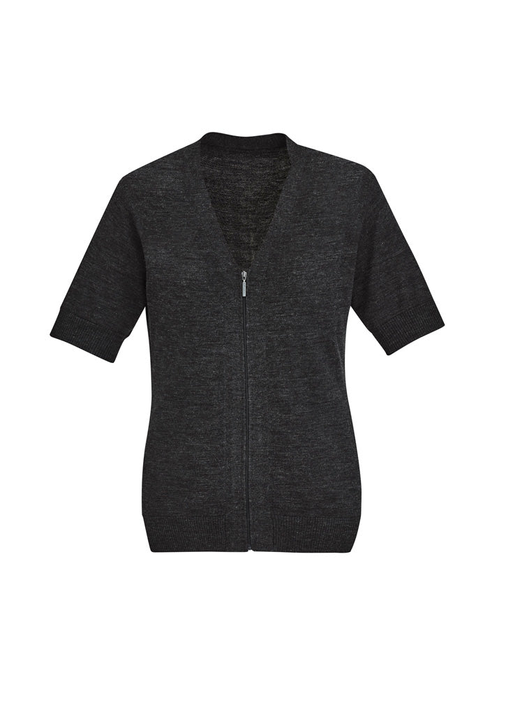 Zip Front Womens Short Sleeve Knit Cardigan - Charcoal - Front