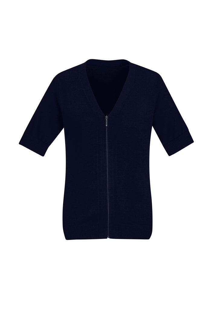 Zip Front Womens Short Sleeve Knit Cardigan - Navy - Front