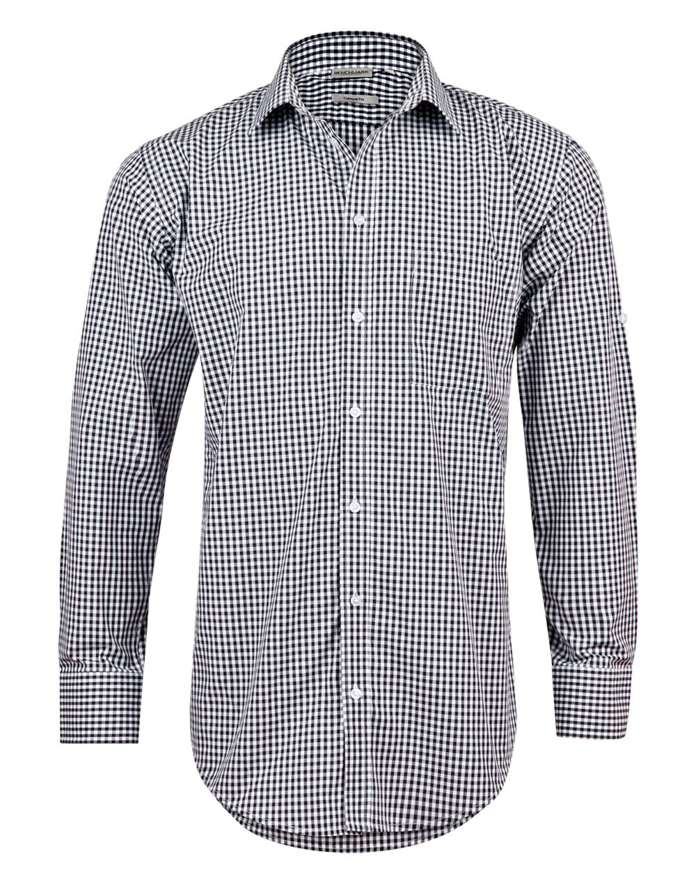 Men’s Gingham Check Long Sleeve Shirt with Roll-up Tab Sleeve - Black/White - Front