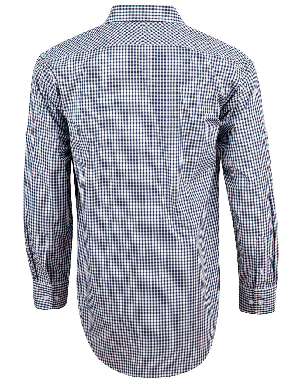 Men’s Gingham Check Long Sleeve Shirt with Roll-up Tab Sleeve - Navy/White - Back