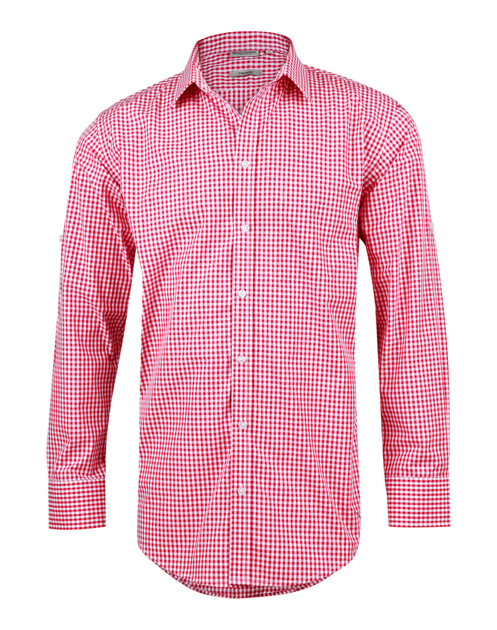 Men’s Gingham Check Long Sleeve Shirt with Roll-up Tab Sleeve - Red/White - Front