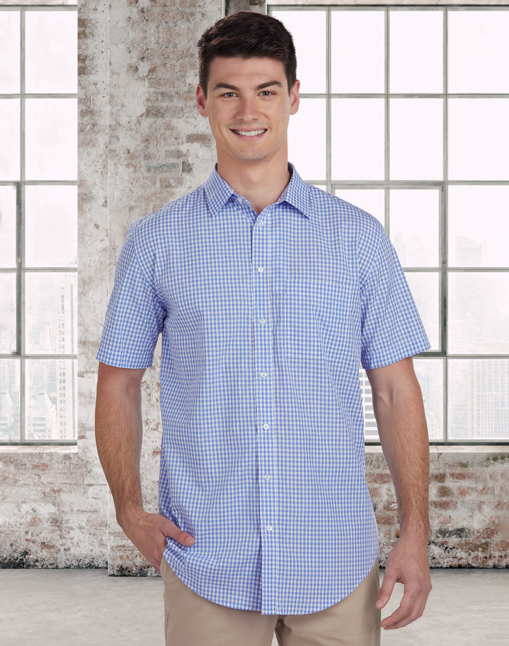 Men’s Gingham Check Short Sleeve Shirt - Skyblue/White - Model