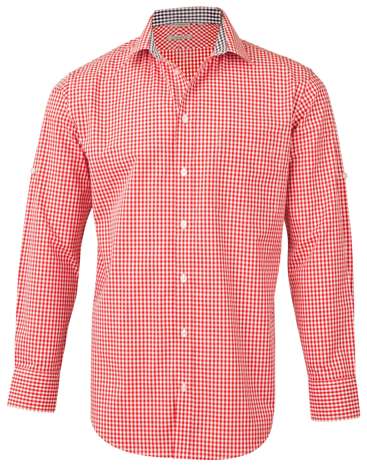 Men’s Gingham Check Long Sleeve Shirt with Roll-up Tab Sleeve - Red/White - Front