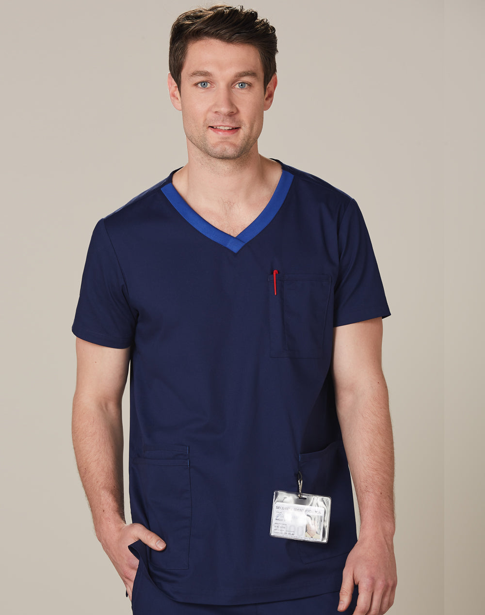 Mens V-Neck Contrast Trim Scrub Top - Navy/Royal - Model