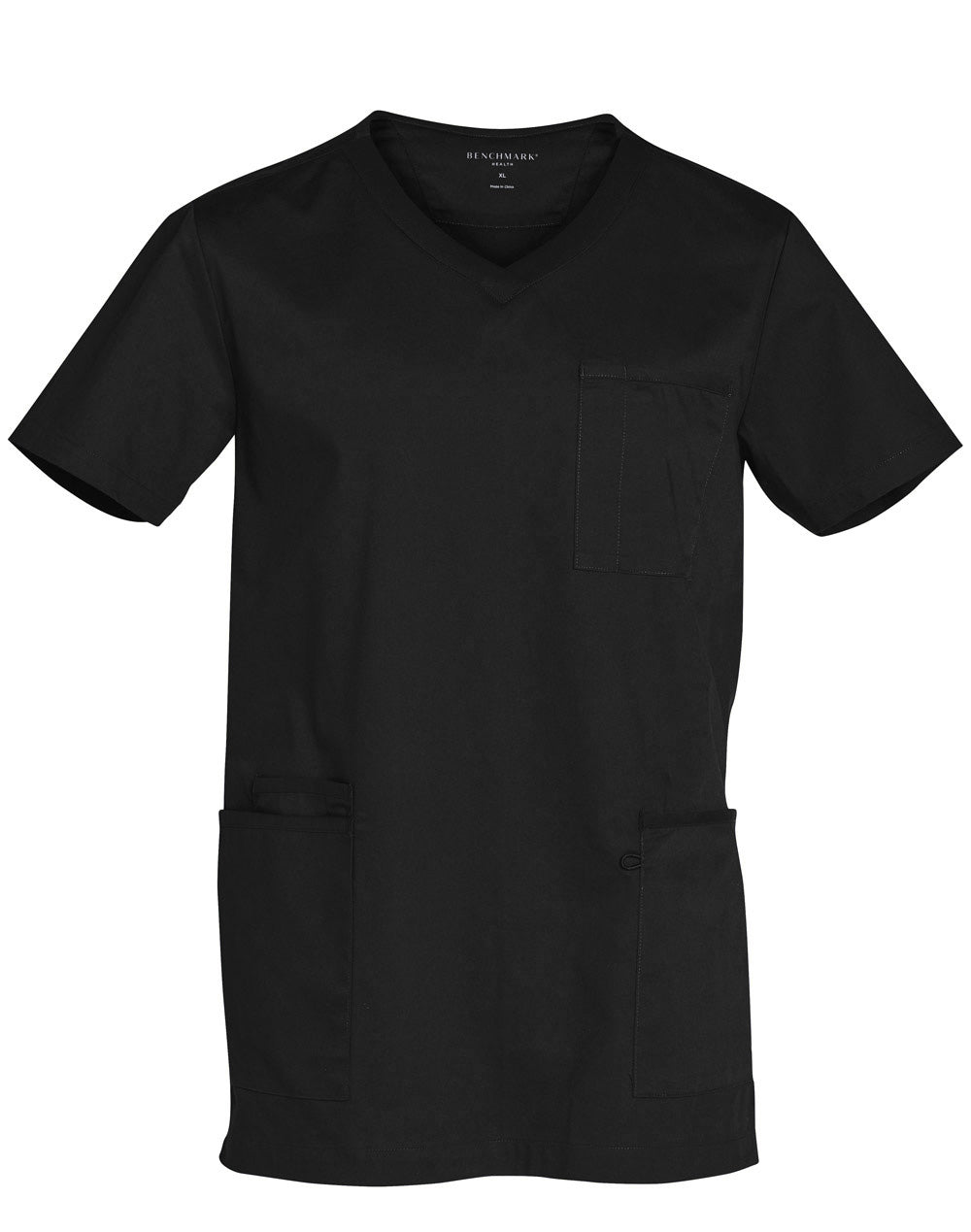 Mens V-Neck Contrast Trim Scrub Top - Black/Black - Front