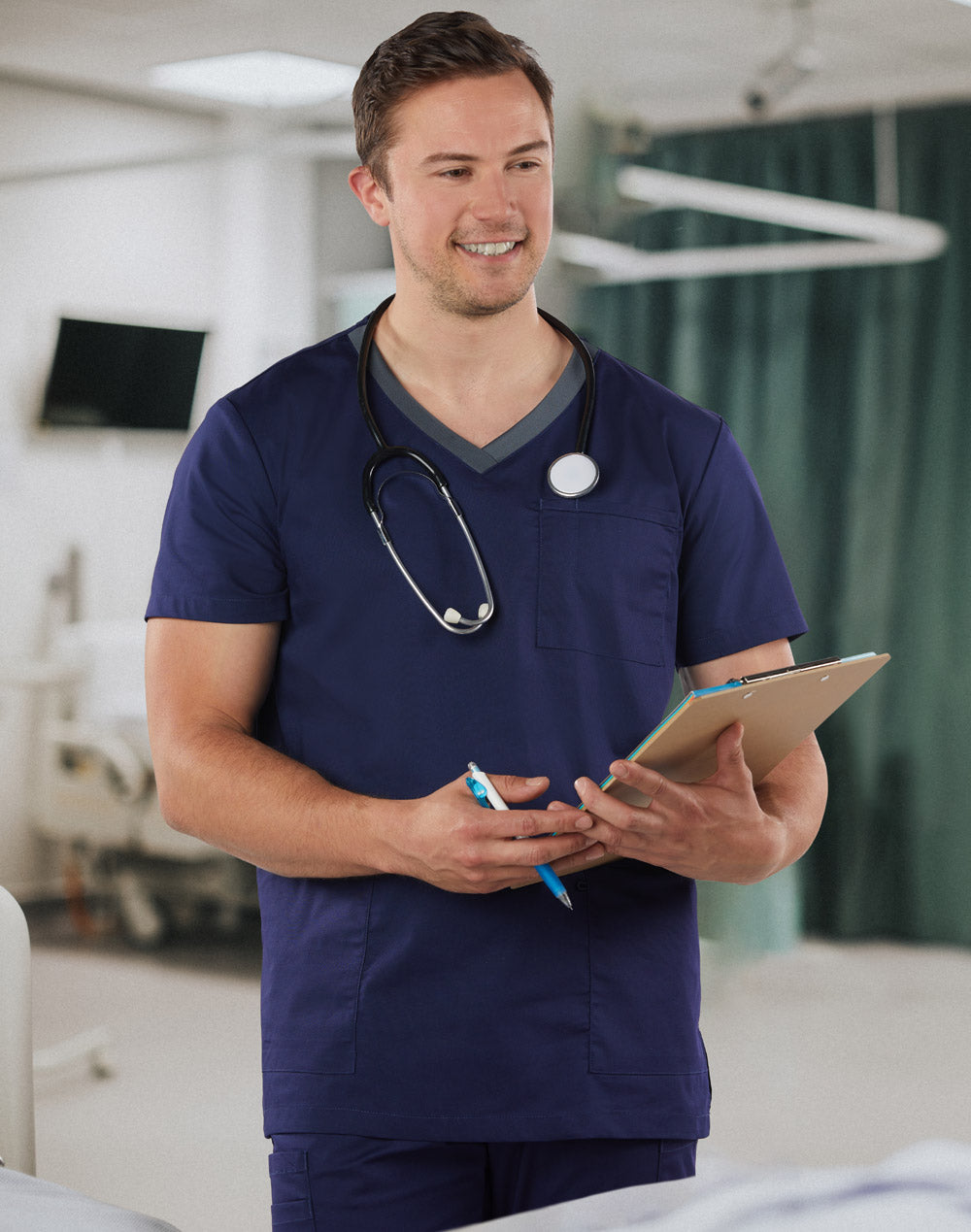 Mens V-Neck Contrast Trim Scrub Top - Navy/Charcoal - View
