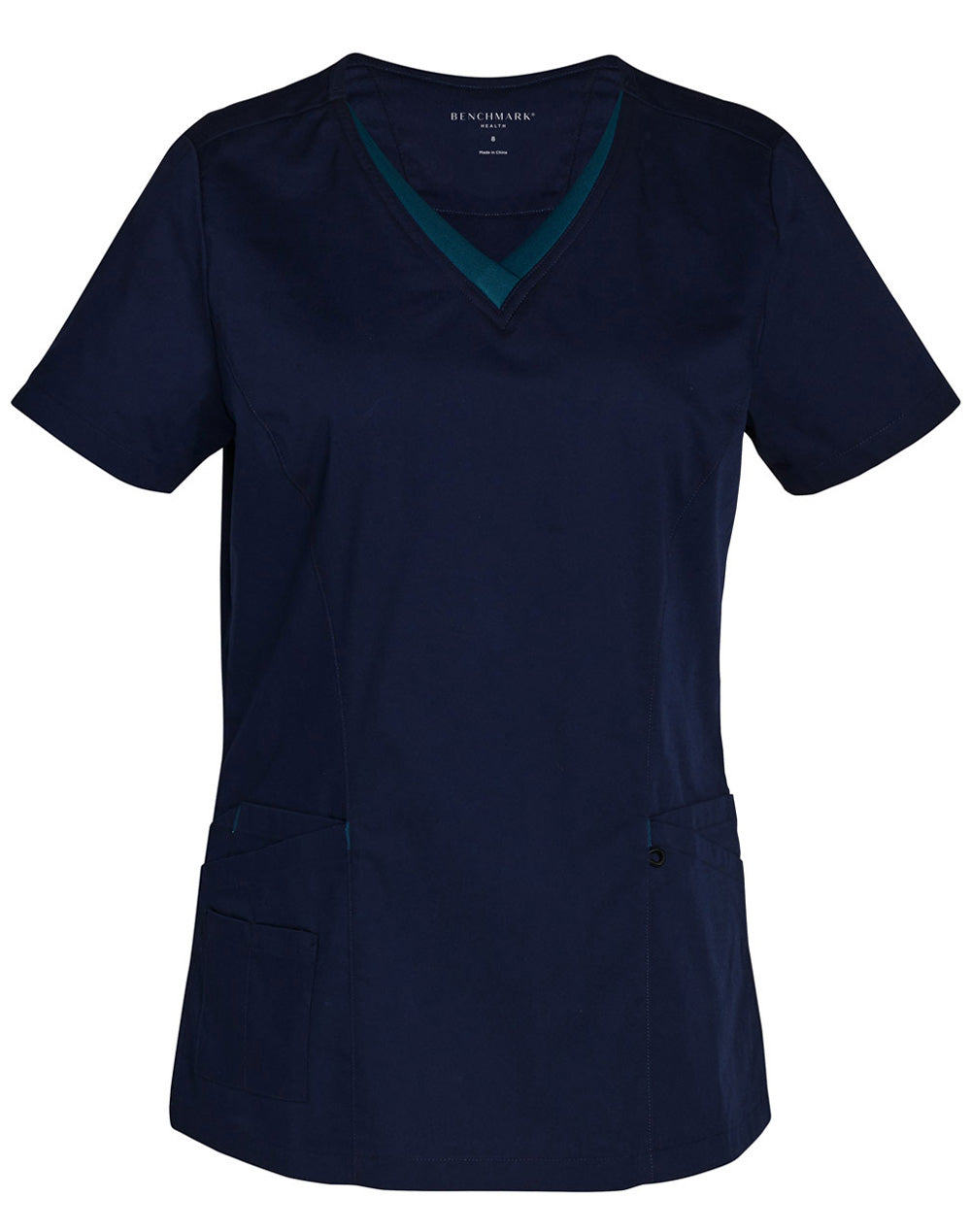 Ladies V-Neck Contrast Trim Scrub Top - Navy/Teal - Front