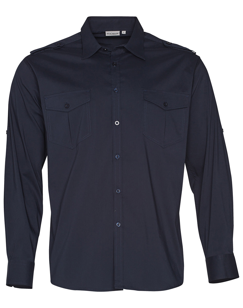 Men's Long Sleeve Military Shirt - Navy - Front