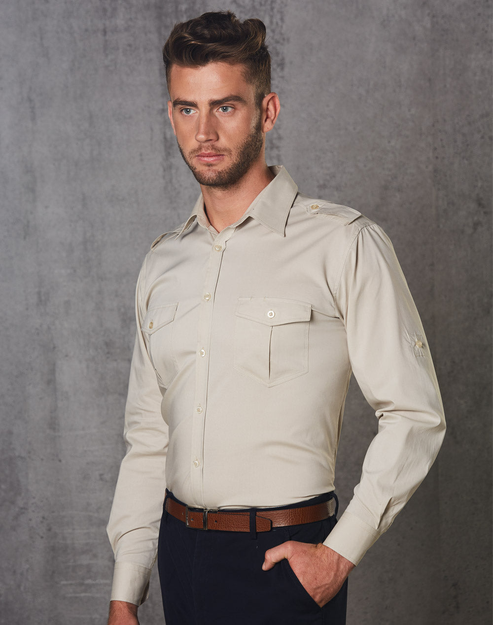 Men's Long Sleeve Military Shirt - Sand - Model