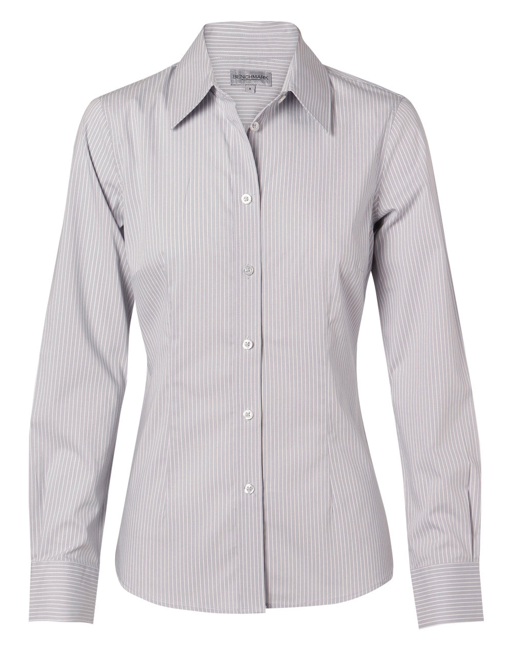 Women's Ticking Stripe Long Sleeve Shirt - Grey/White - Front