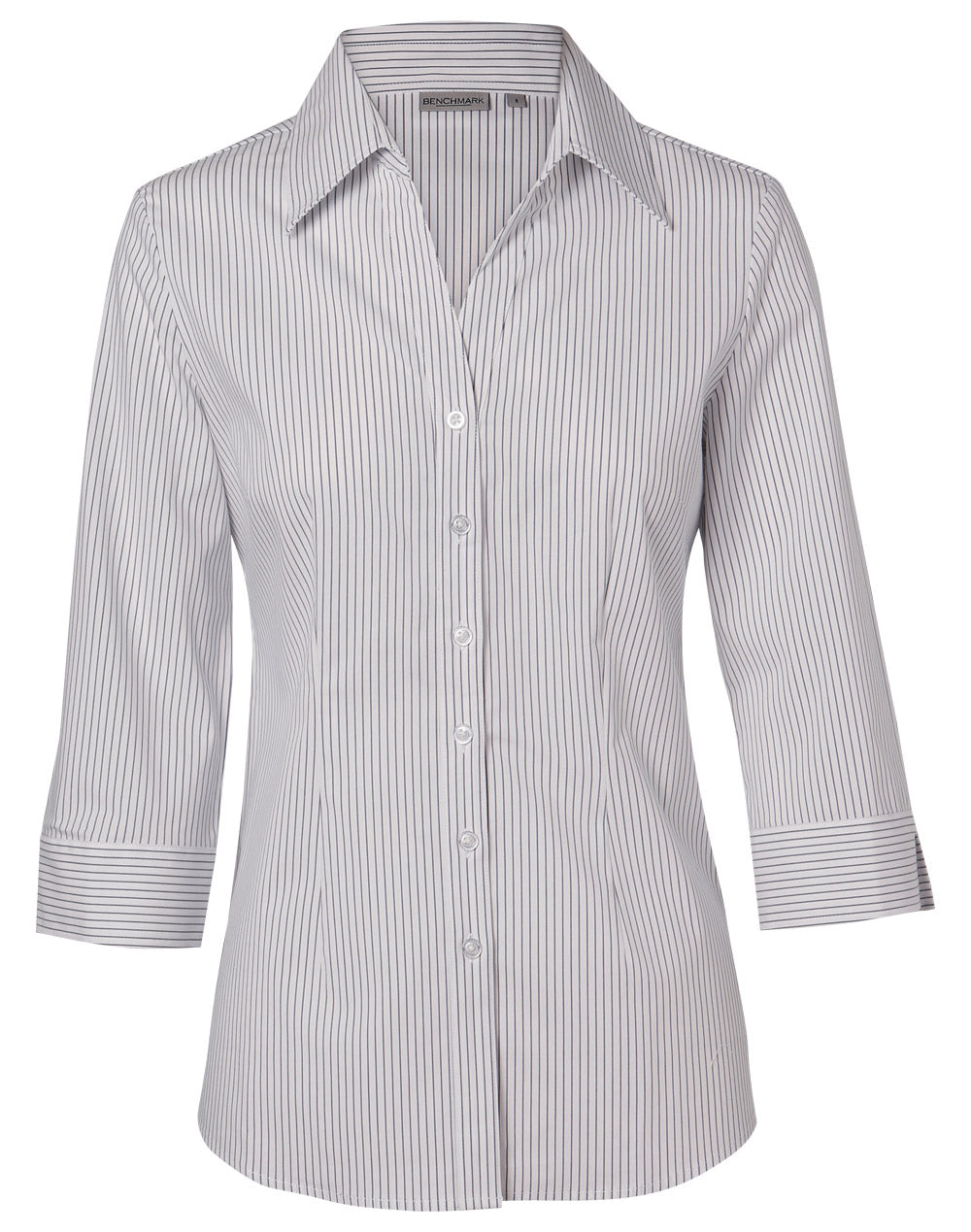 Women's Ticking Stripe 3/4 Sleeve Shirt - White/Grey - Front