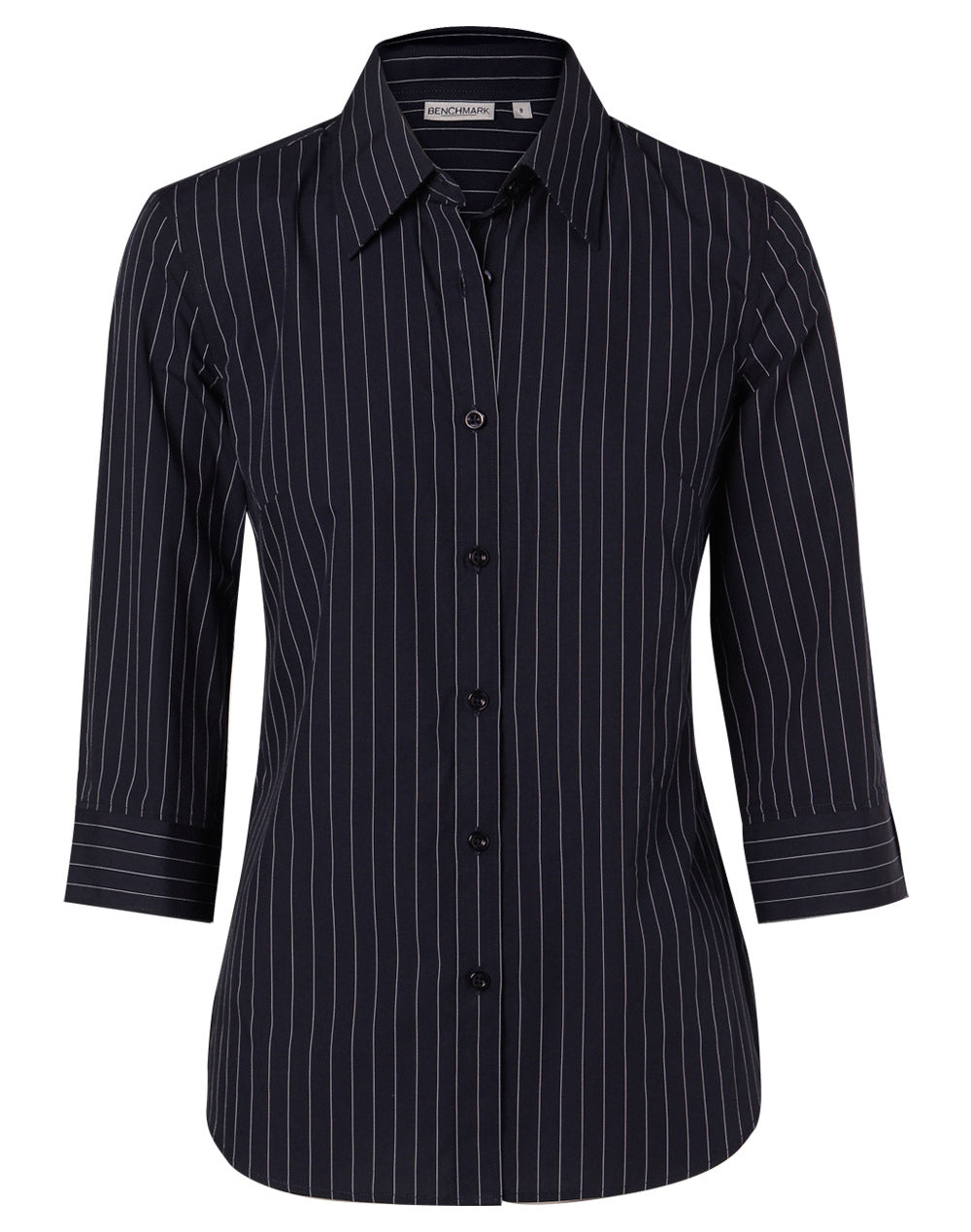 Women's Pin Stripe 3/4 Sleeve Shirt - Navy/White - Front