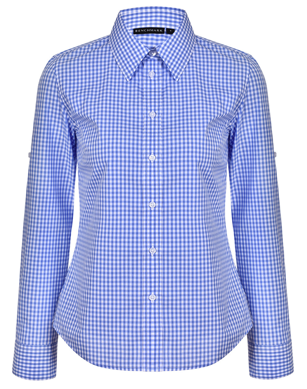 Ladies’ Gingham Check Long Sleeve Shirt - Skyblue/White - Front