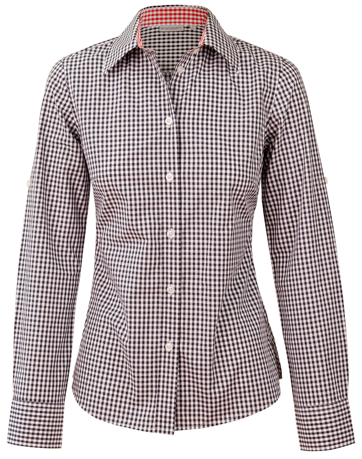 Ladies’ Gingham Check Long Sleeve Shirt - Navy/White - Front