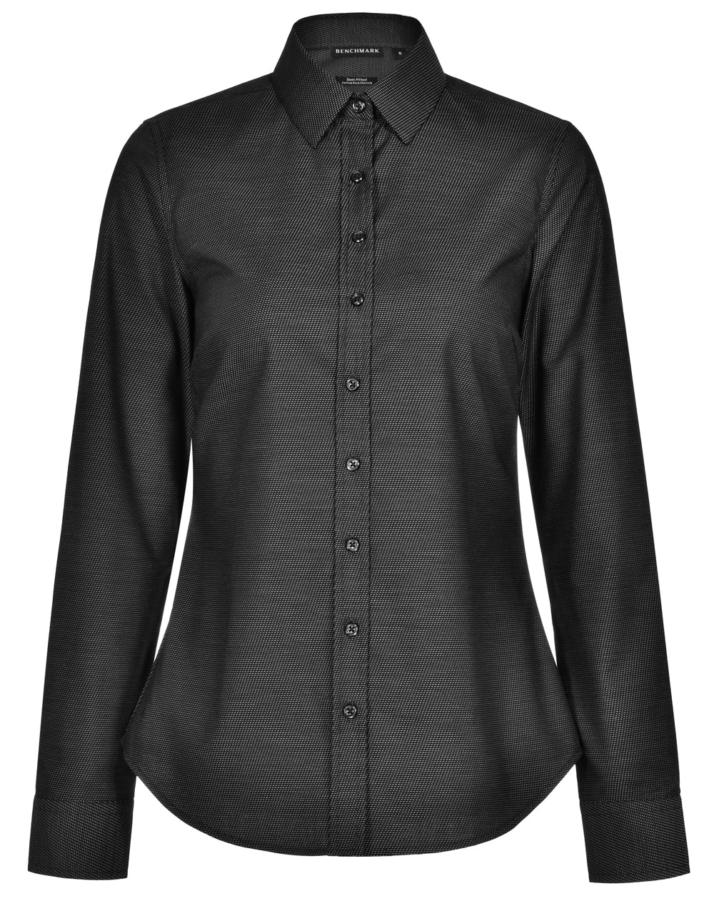 Ascot Ladies Long Sleeve Dot Jacquard Stretch Shirt - Black - Front