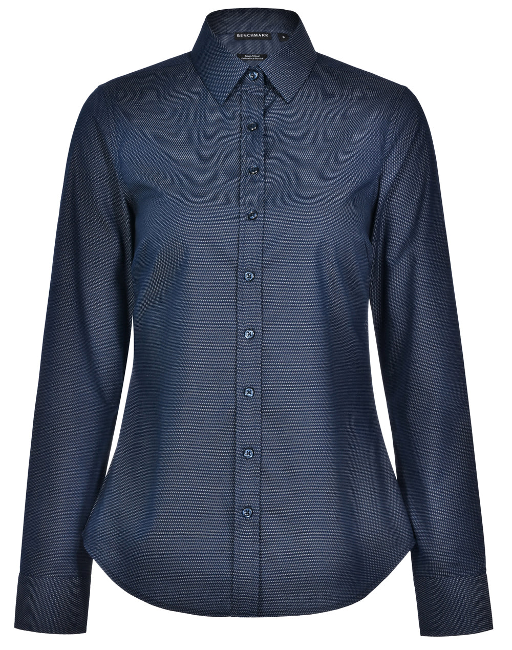 Ascot Ladies Long Sleeve Dot Jacquard Stretch Shirt - Navy - Front