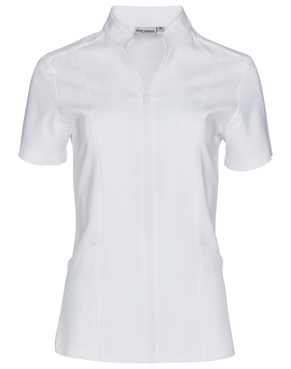 Women’s Full Zip Front Short Sleeve Tunic - White - Front