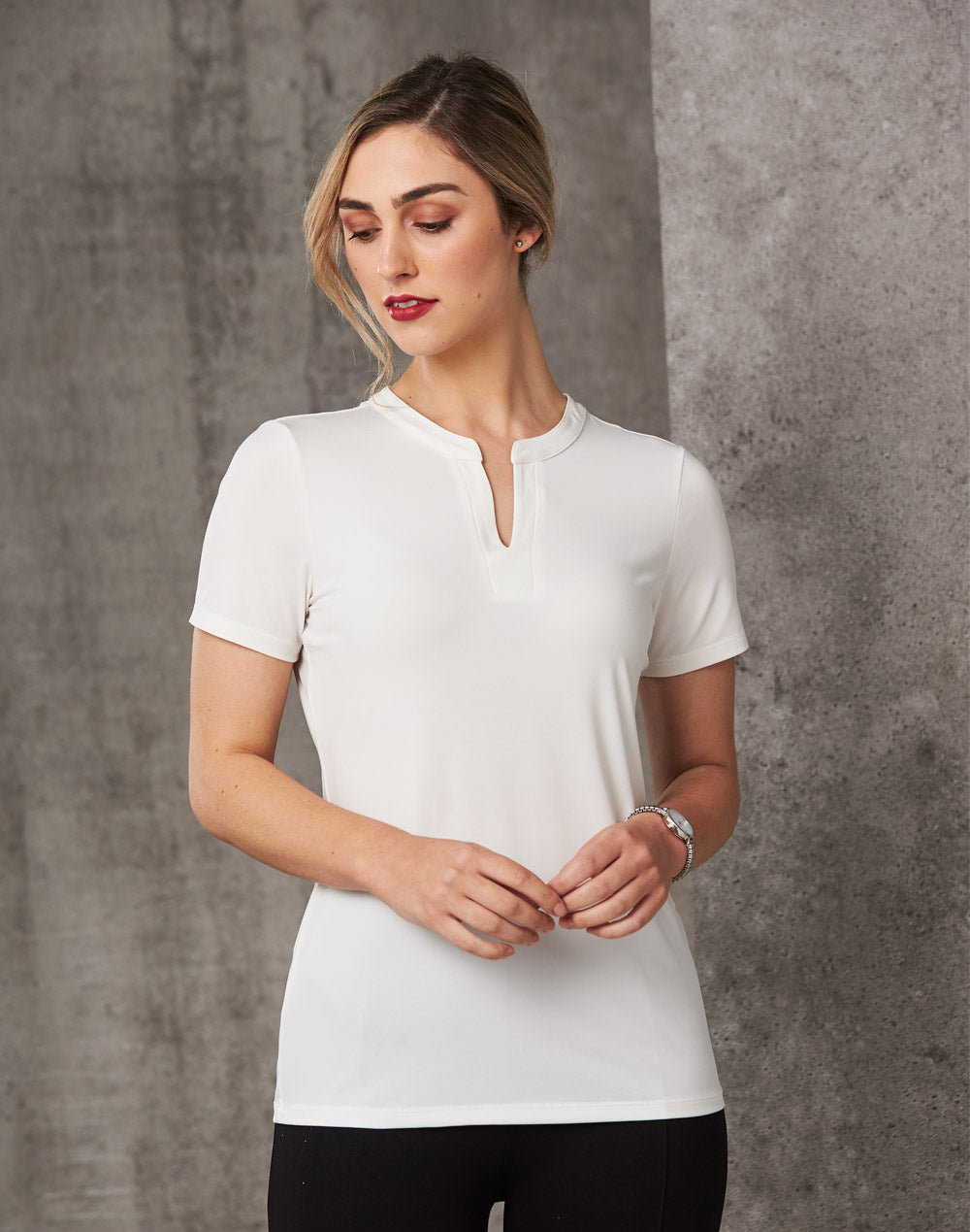 Ladies Short Sleeve Knit Top Sofia - White - Model