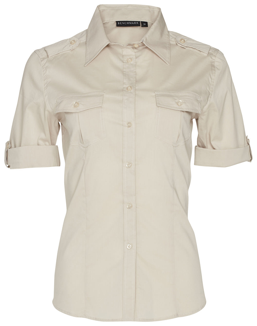 Women's Short Sleeve Military Shirt - Sand - Front