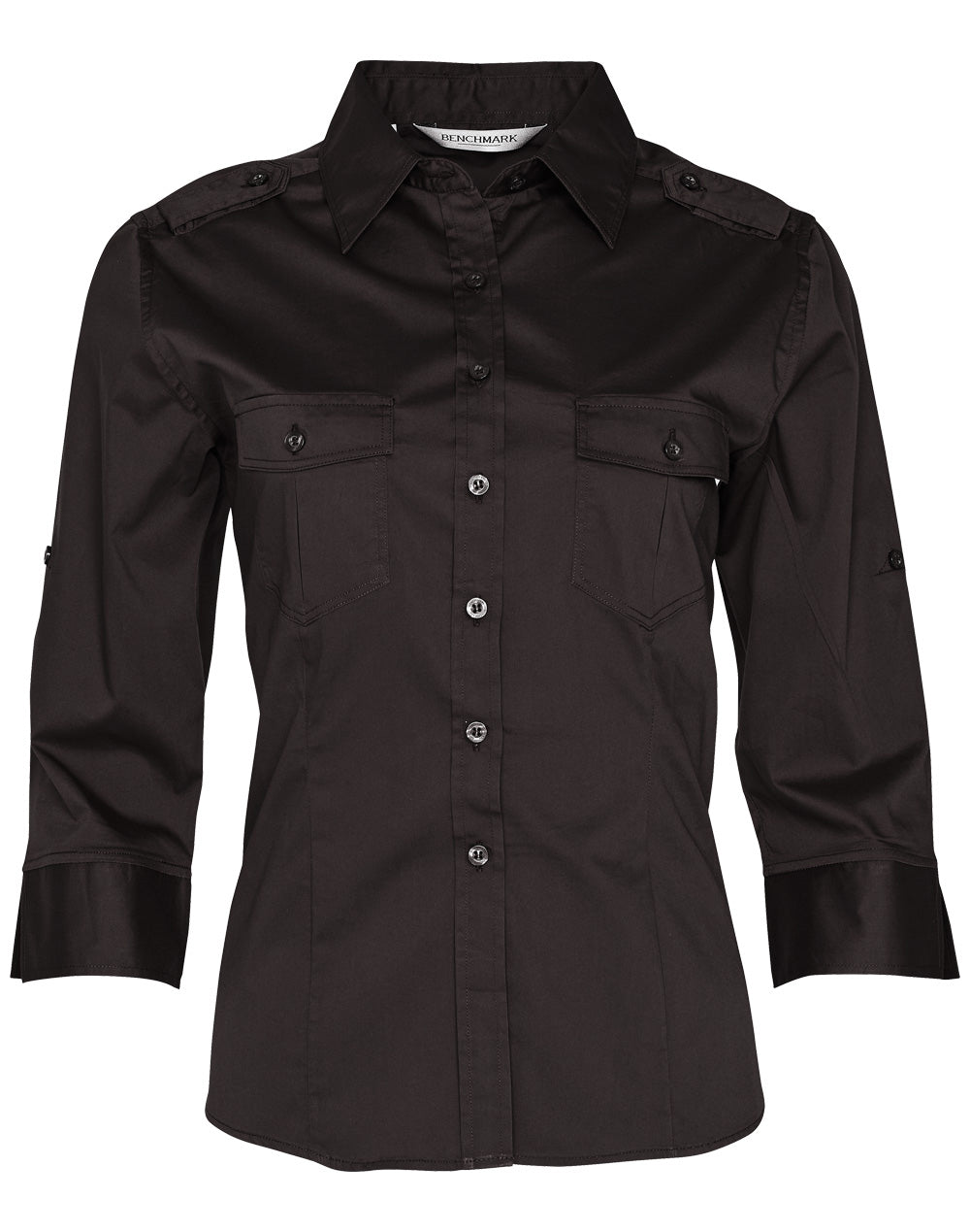 Women's 3/4 Sleeve Military Shirt - Black - Front