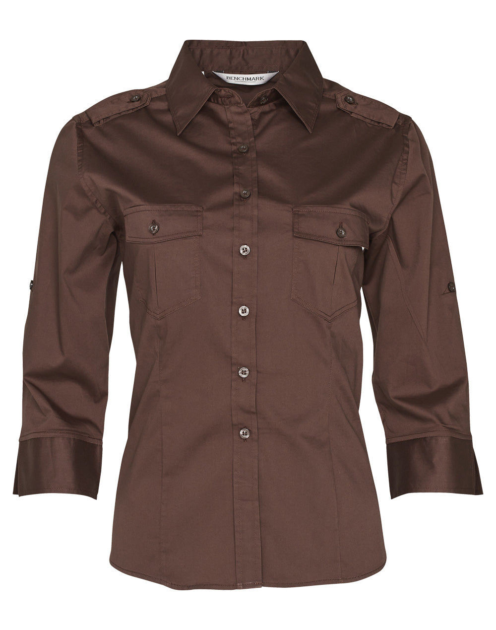 Women's 3/4 Sleeve Military Shirt - Mocha - Front