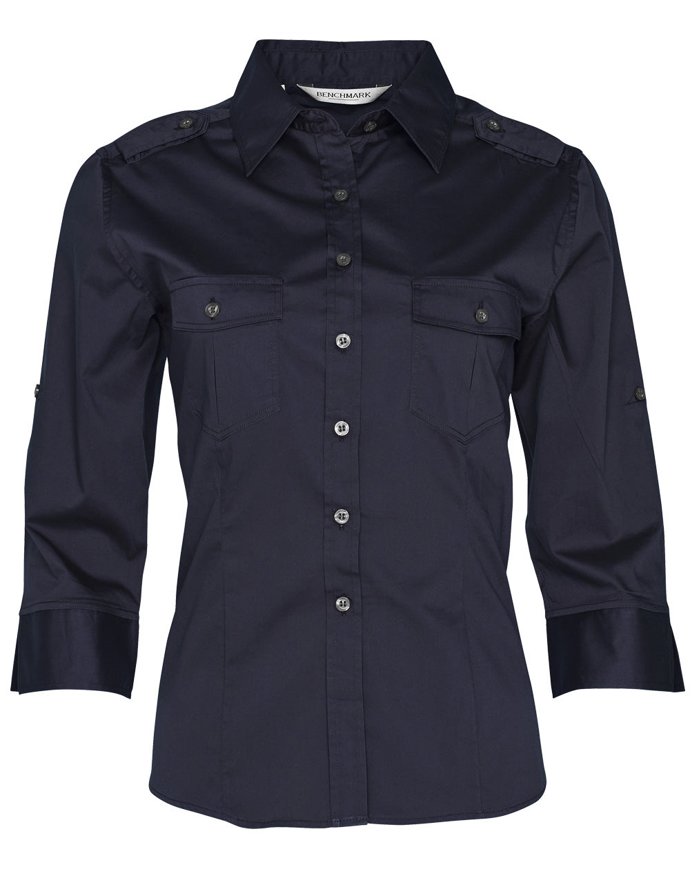 Women's 3/4 Sleeve Military Shirt - Navy - Front