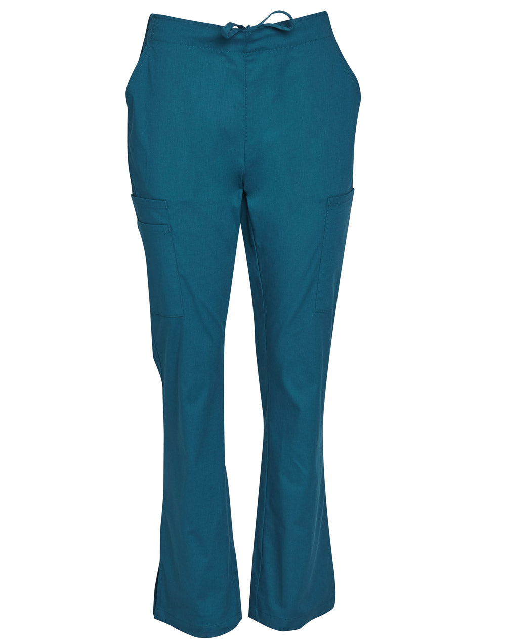 Ladies Semi-Elastic Waist Tie Solid Colour Scrub Pants - Teal - Front