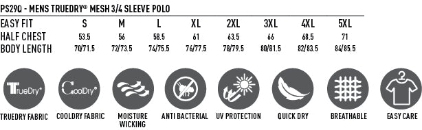 Cricket Polo 3/4 Sleeve Men's - Size guide
