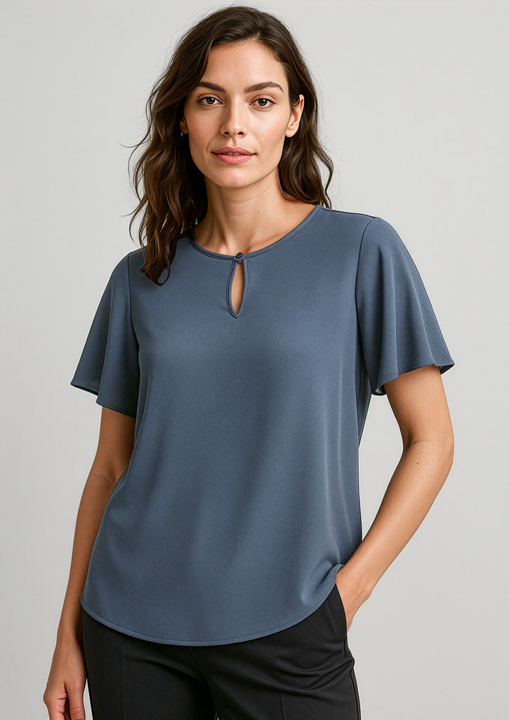 Vienna Womens Short Sleeve Blouse - Storm Blue - Model