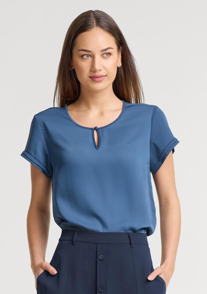 Evelyn Womens Short Sleeve Blouse - Mineral Blue - Model