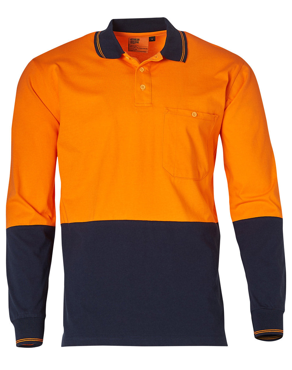 Cotton Jersey two tone Long Sleeve Safety Polo - Orange/Navy - Front