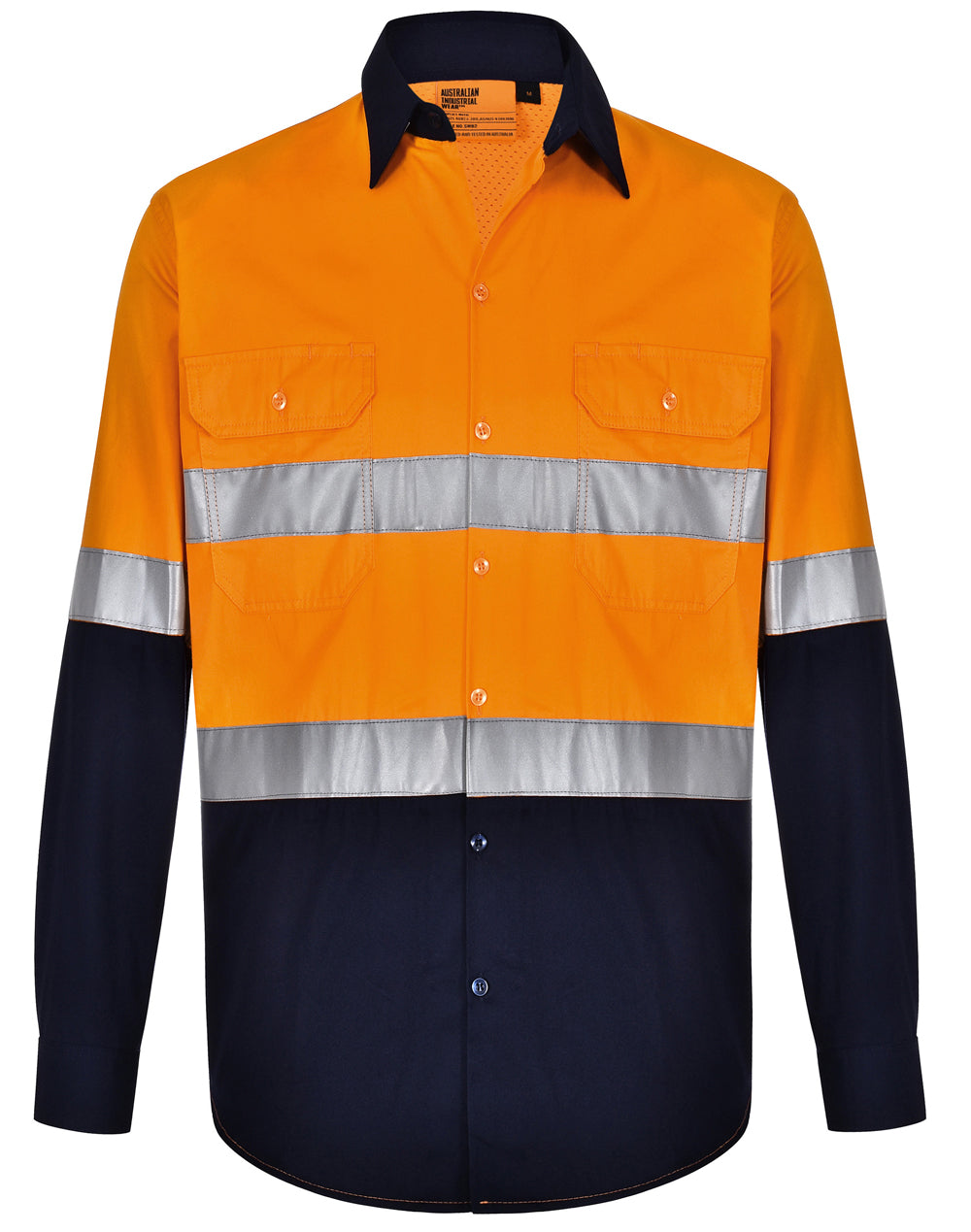 Unisex Hi-Vis Cool-Breeze Safety Ls Shirt (Generic Tape) - Orange/Navy - Front