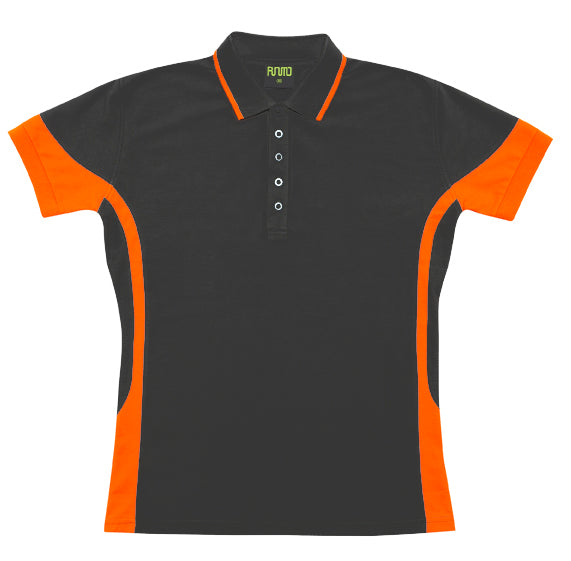 Women's Contrast Polycotton Polo - Charcoal/Orange - Front