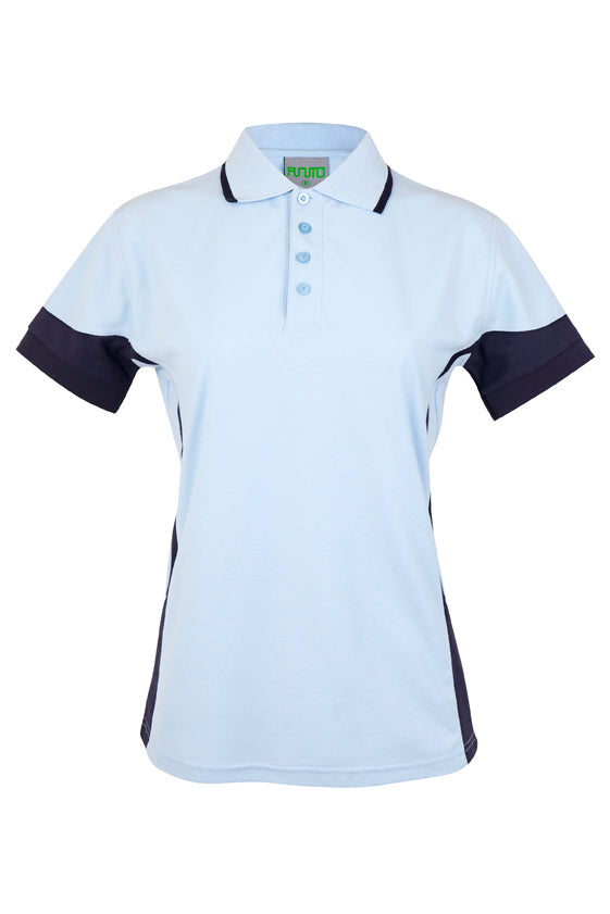 Women's Contrast Polycotton Polo - Sky Blue/Navy - Front