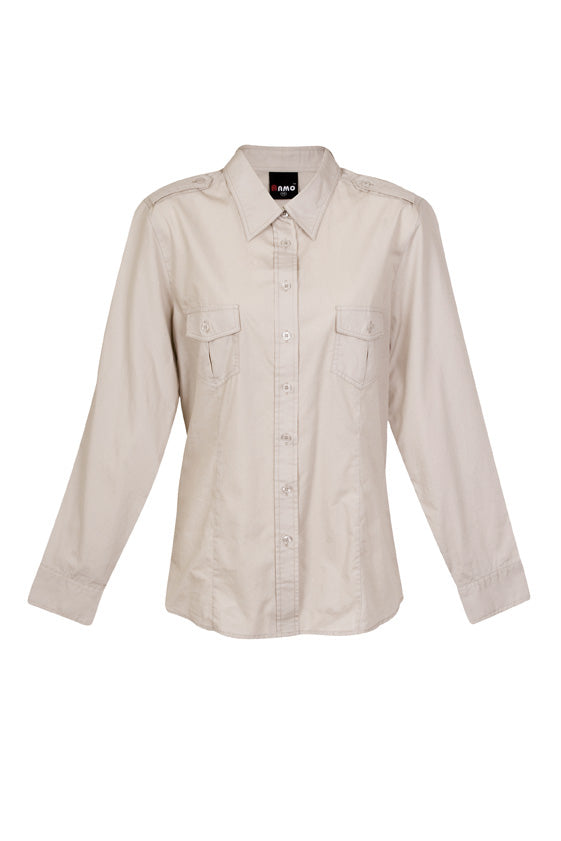Womens Military Long Sleeve Shirt - Beige - Front