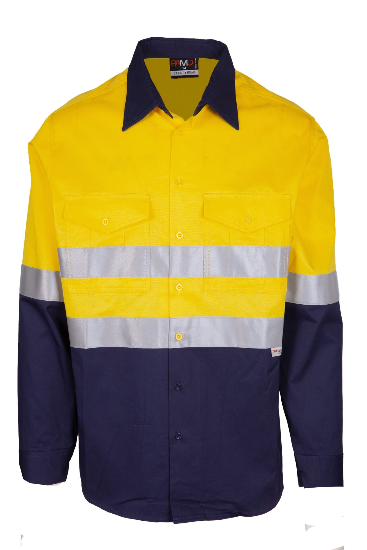 100% Combed Cotton Drill Long Sleeve Shirt - 3M - Yellow/Navy - Front