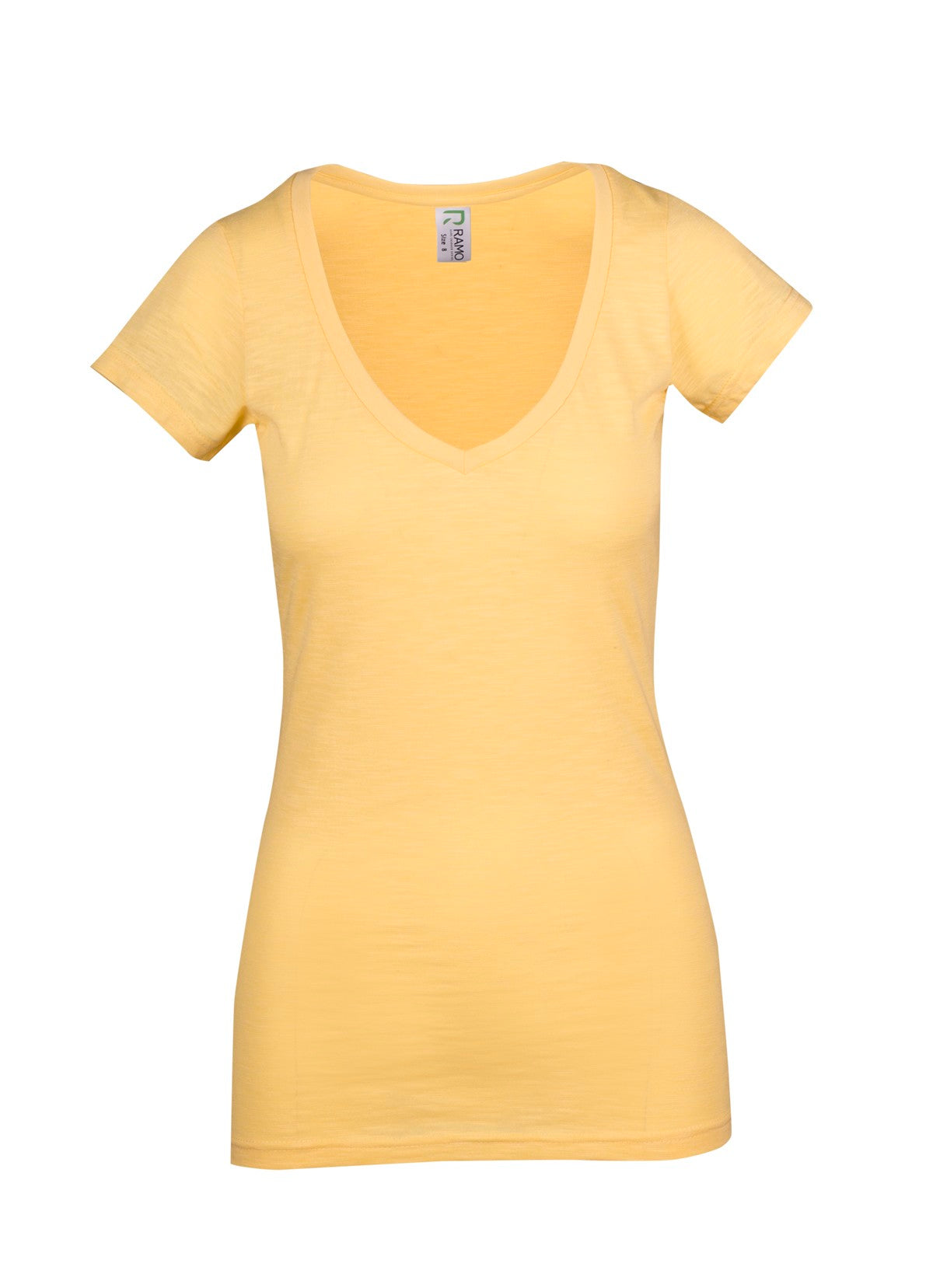 Women's Raw Cotton Wave V Neck Tshirt - Soft Yellow - Front