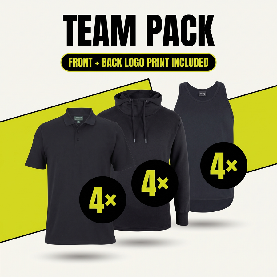 Team Pack – 4 polos + 4 hoodies + 4 singlets, front and back logo print included