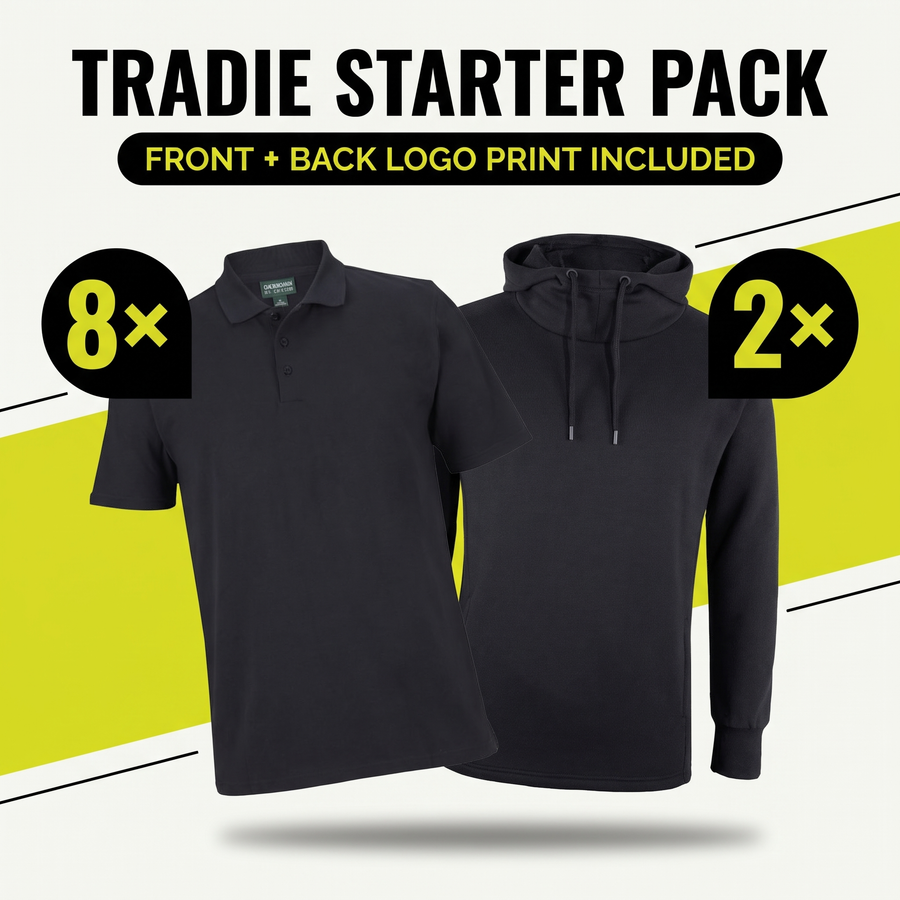 Tradie Starter Pack – 8 polos + 2 hoodies, front and back logo print included