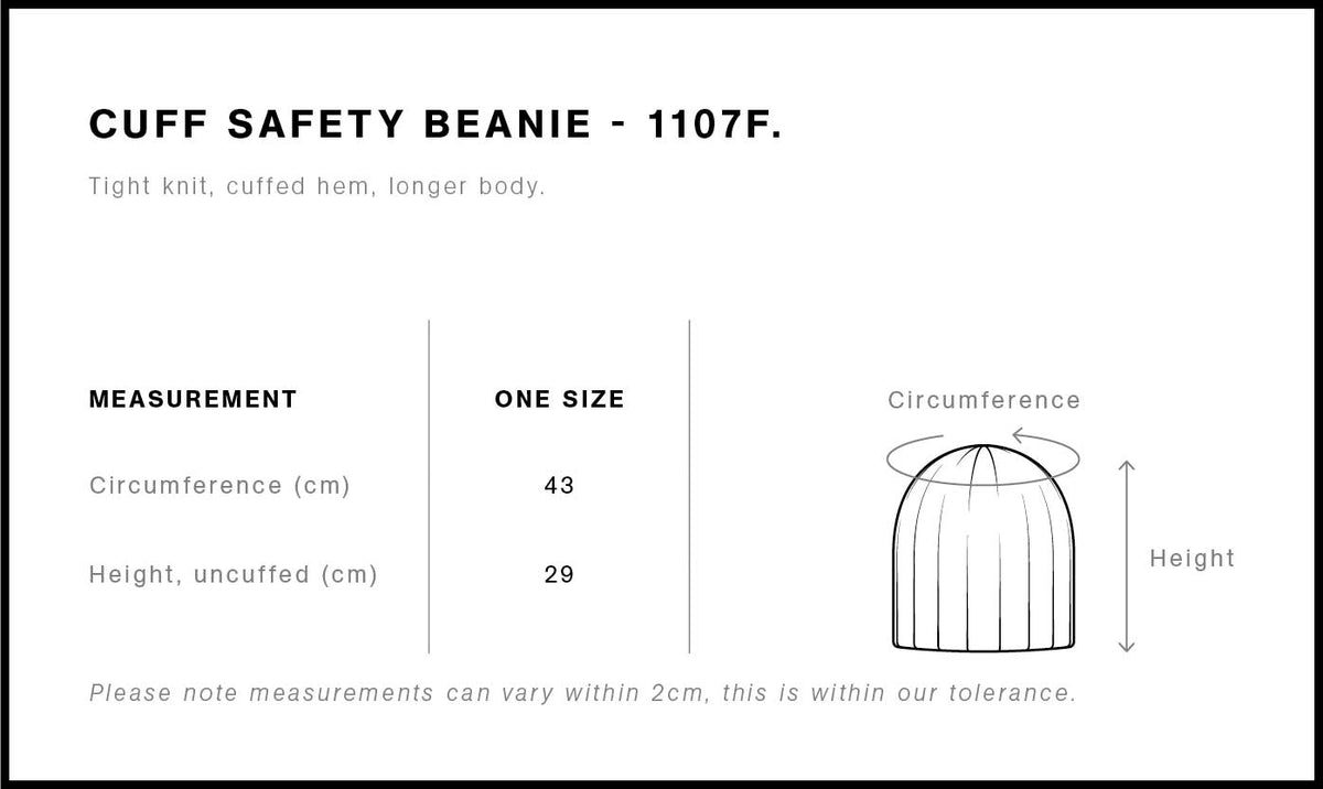 Cuff Safety Beanie 1107F - Size guide