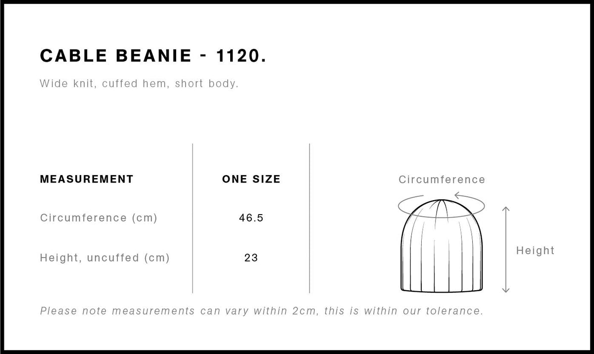 Cable Beanie 1120 - Size guide