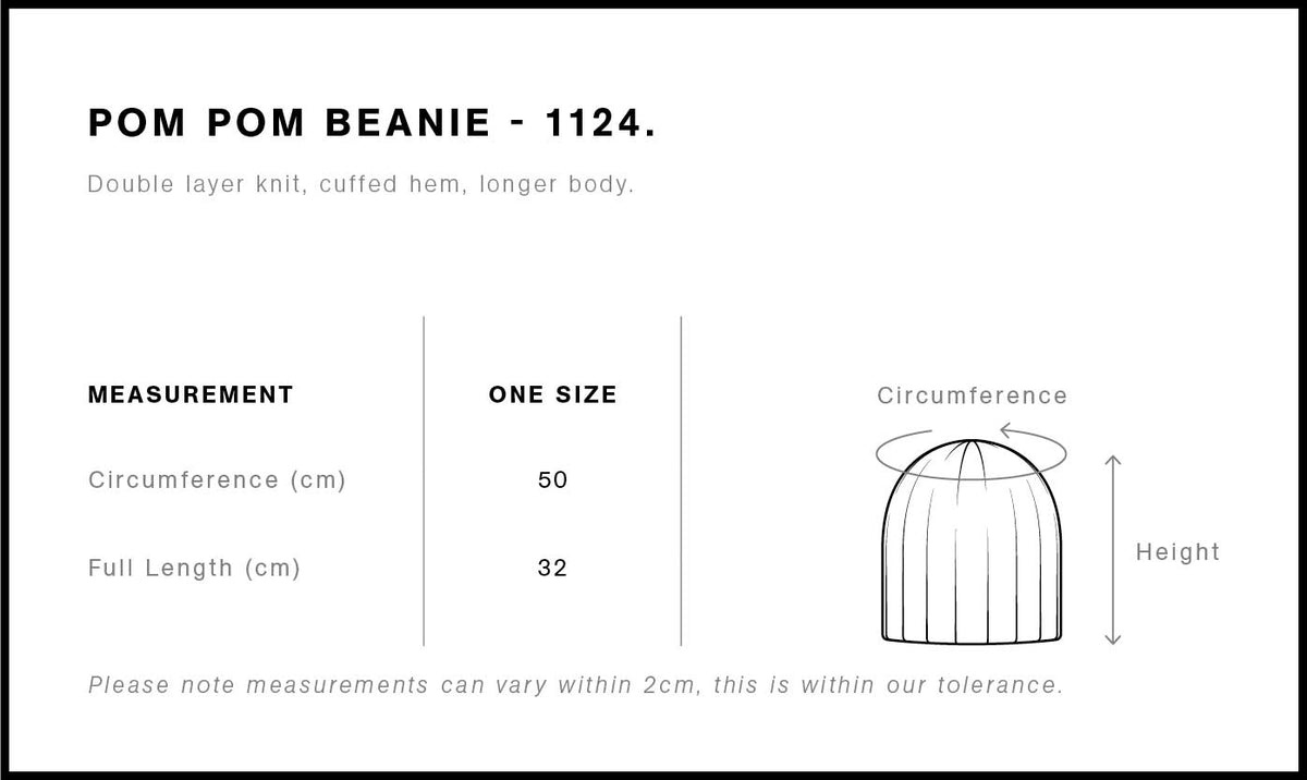 Pom Pom Beanie 1124 - Size guide